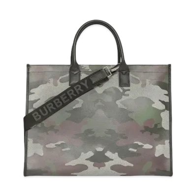 Burberry Camouflage Print Cotton Canvas Tote "Mangrove Green"