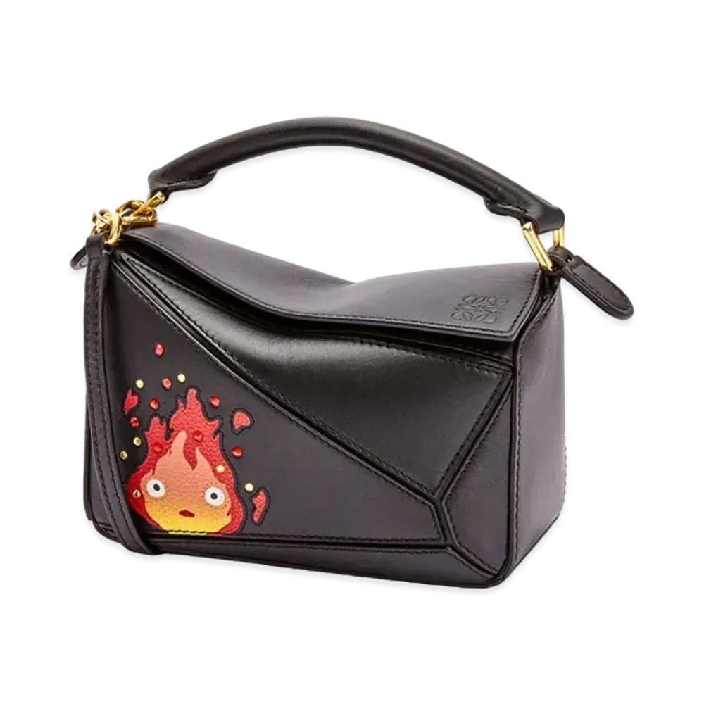 LOEWE x Howl's Moving Castle Calcifer Mini Puzzle Bag In Satin Calfskin and Crystal "Black"