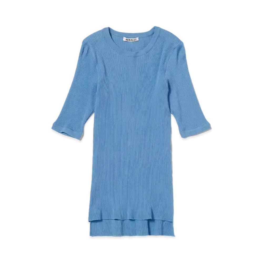 AURALEE GIZA High Gauge Rib Knit Tee "Light Blue"
