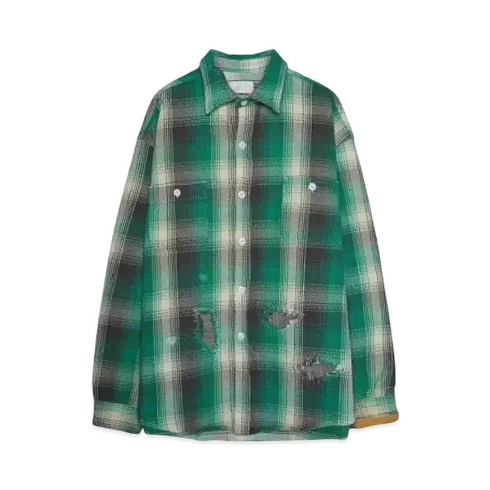 BOW WOW HEAVY WEIGHT FLANNEL SHIRTS AGING "GREEN x WHITE AGING"