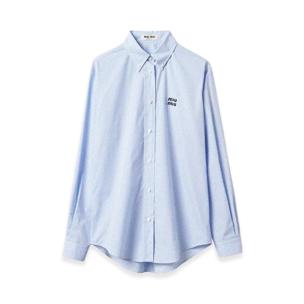 MIU MIU Women's Gingham Check Poplin Shirt "White/Light Blue"