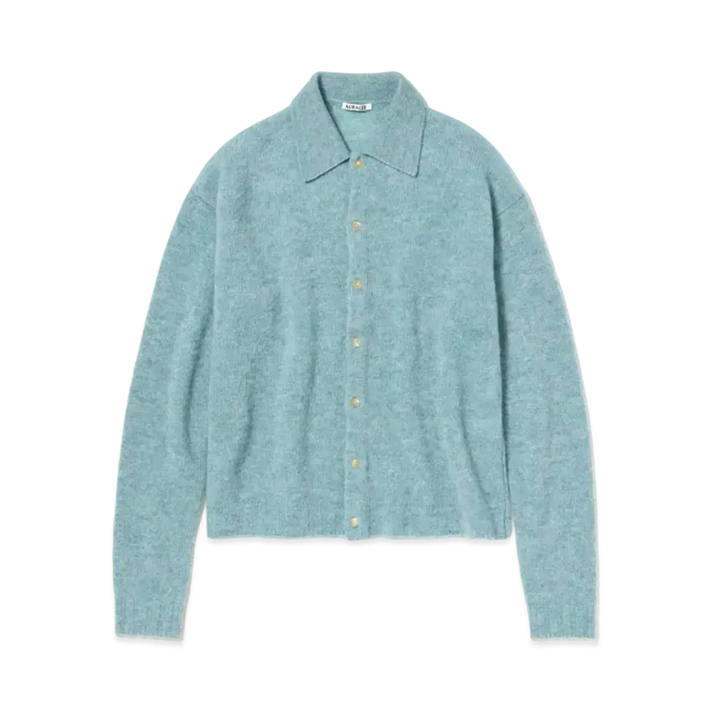 AURALEE SHETLAND WOOL CASHMERE KNIT CARDIGAN "Blue Green"