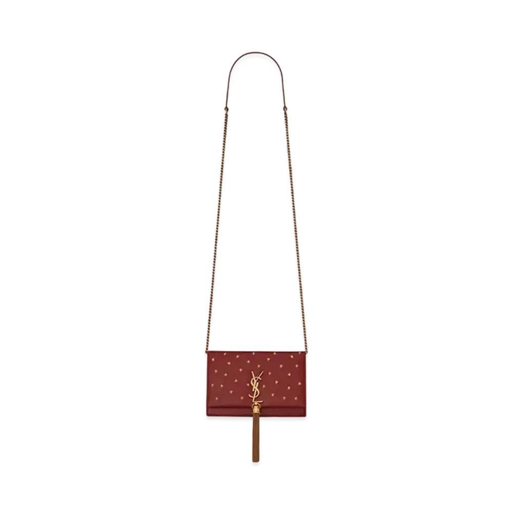 Saint Laurent Kate Chain Wallet With Tassel In Smooth Leather With Heart Studs "Rouge Opium"
