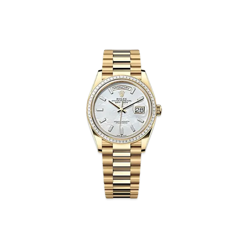ROLEX Day-Date 36mm Yellow Gold Diamond 128398TBR "White Mother-of-Pearl"