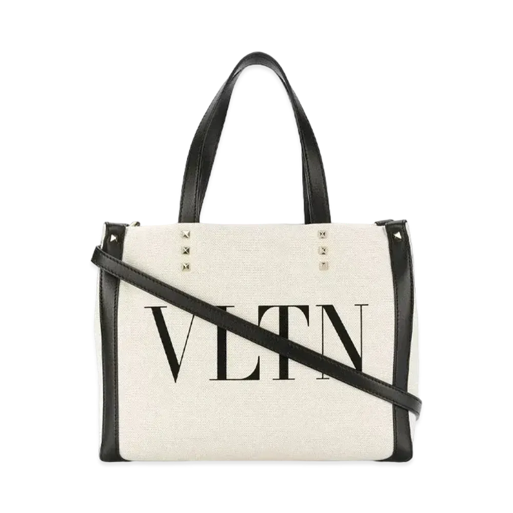 Valentino Canvas Mini Shopping Bag VLTN Print "Natural"