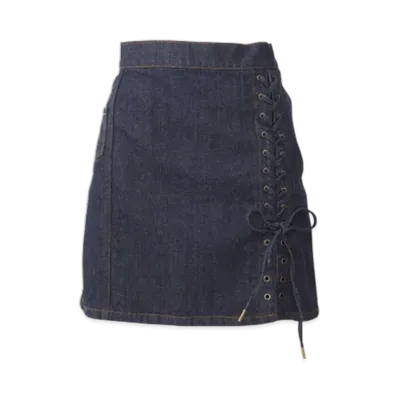 HYSTERIC GLAMOUR Apple Panda Embroidered Side Lace-Up Denim Mini Skirt "Light Indigo Blue"