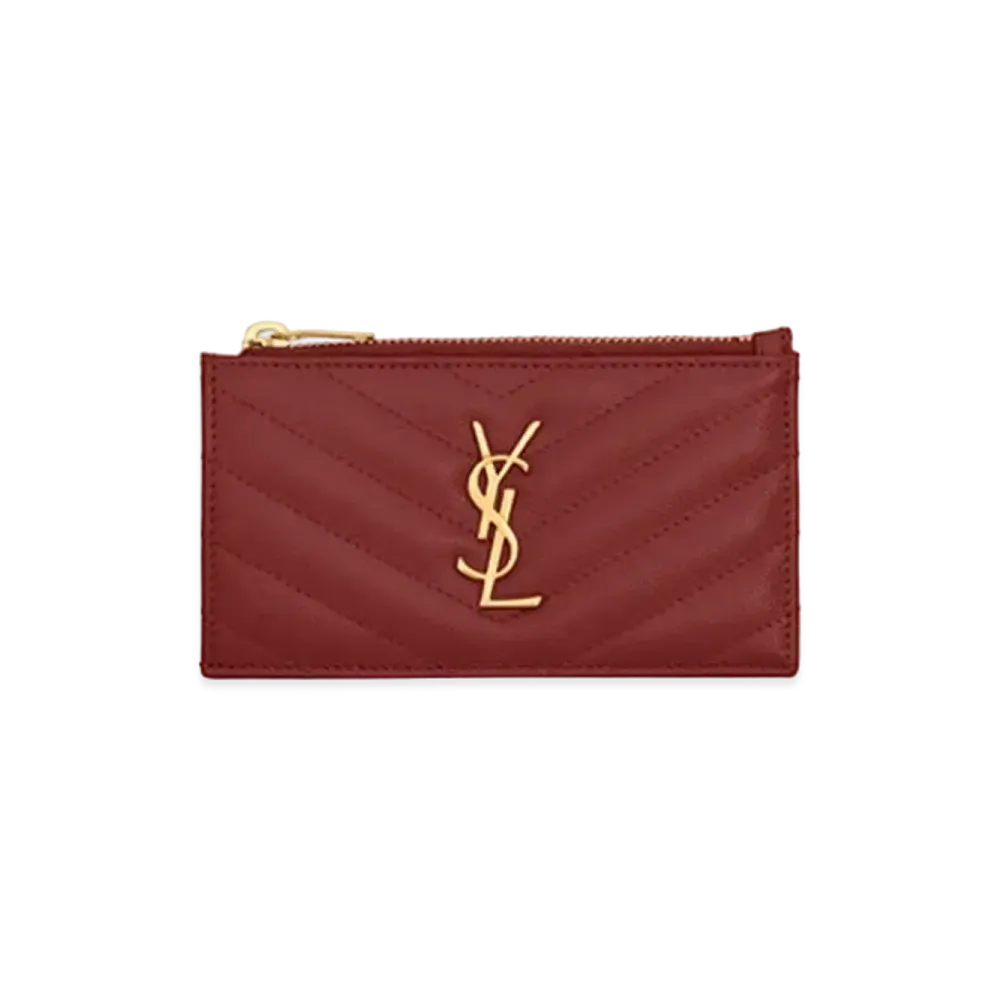 Saint Laurent Monogram Fragments Zippered Card Case In Grain De Poudre Embossed Leather "Rouge Opyum"