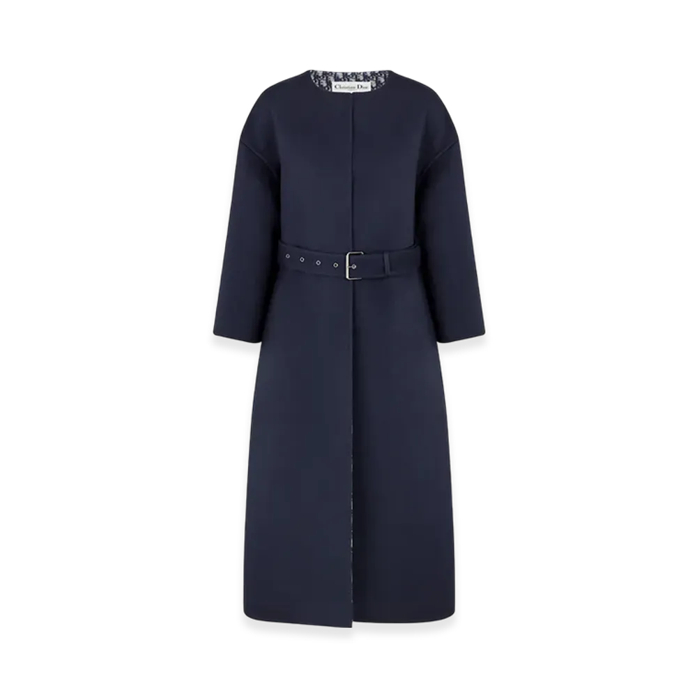 Dior Women's Coat with Belt Double Sided Virgin Wool Oblique Interior "Navy Blue"