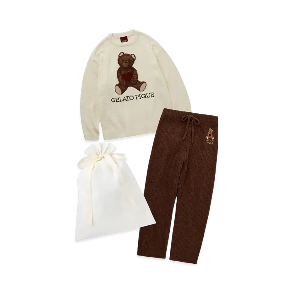GELATO PIQUE Wrapped Homme Baby Moco Heart Bear Jacquard Pullover & Long Pants Set "Cream"