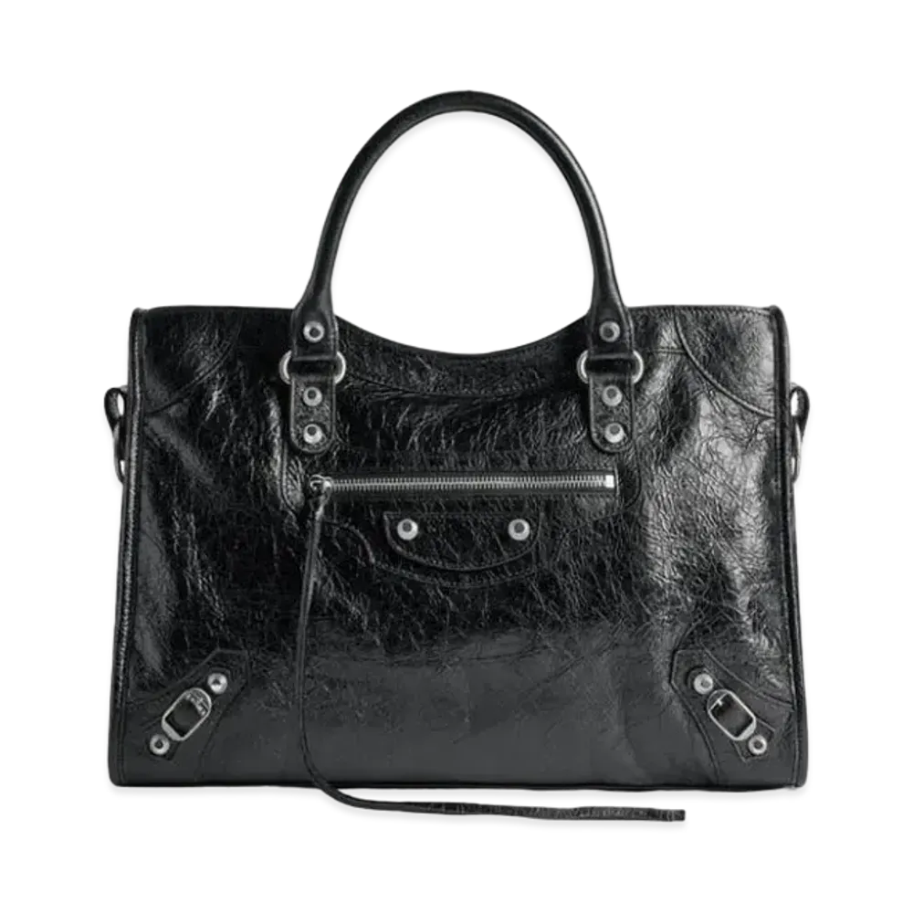BALENCIAGA Le City Medium Bag Arena Lambskin, Shiny Silver Hardware "Black"