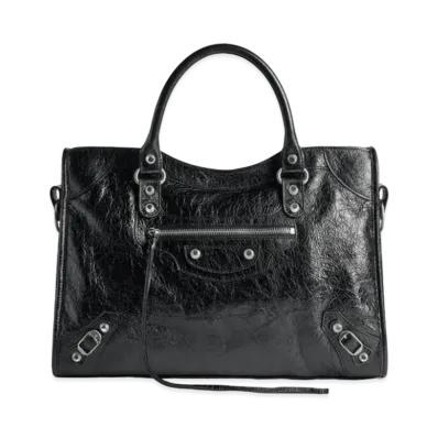 BALENCIAGA Le City Medium Bag Arena Lambskin, Shiny Silver Hardware "Black"