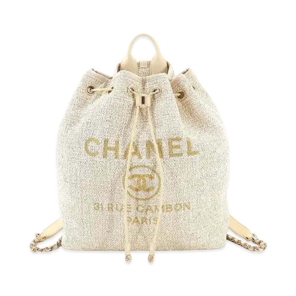 CHANEL Deauville Drawstring Bag Backpack Canvas "White/Gold"