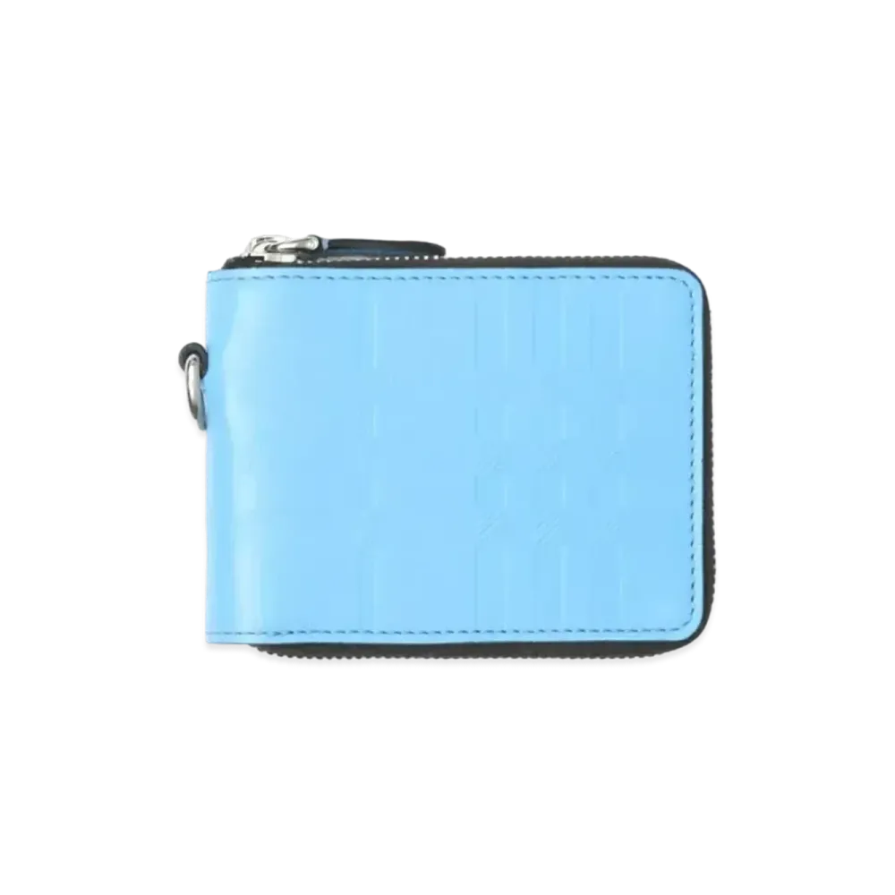 BURBERRY Embosted Check Leather Round Zip Wallet Lanyard "Soft Cone Flower Blue"