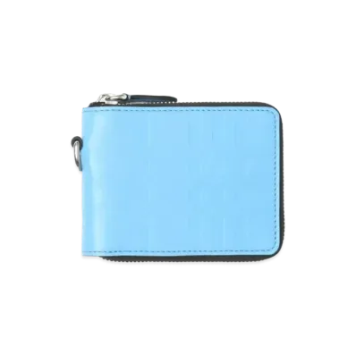 BURBERRY Embosted Check Leather Round Zip Wallet Lanyard "Soft Cone Flower Blue"