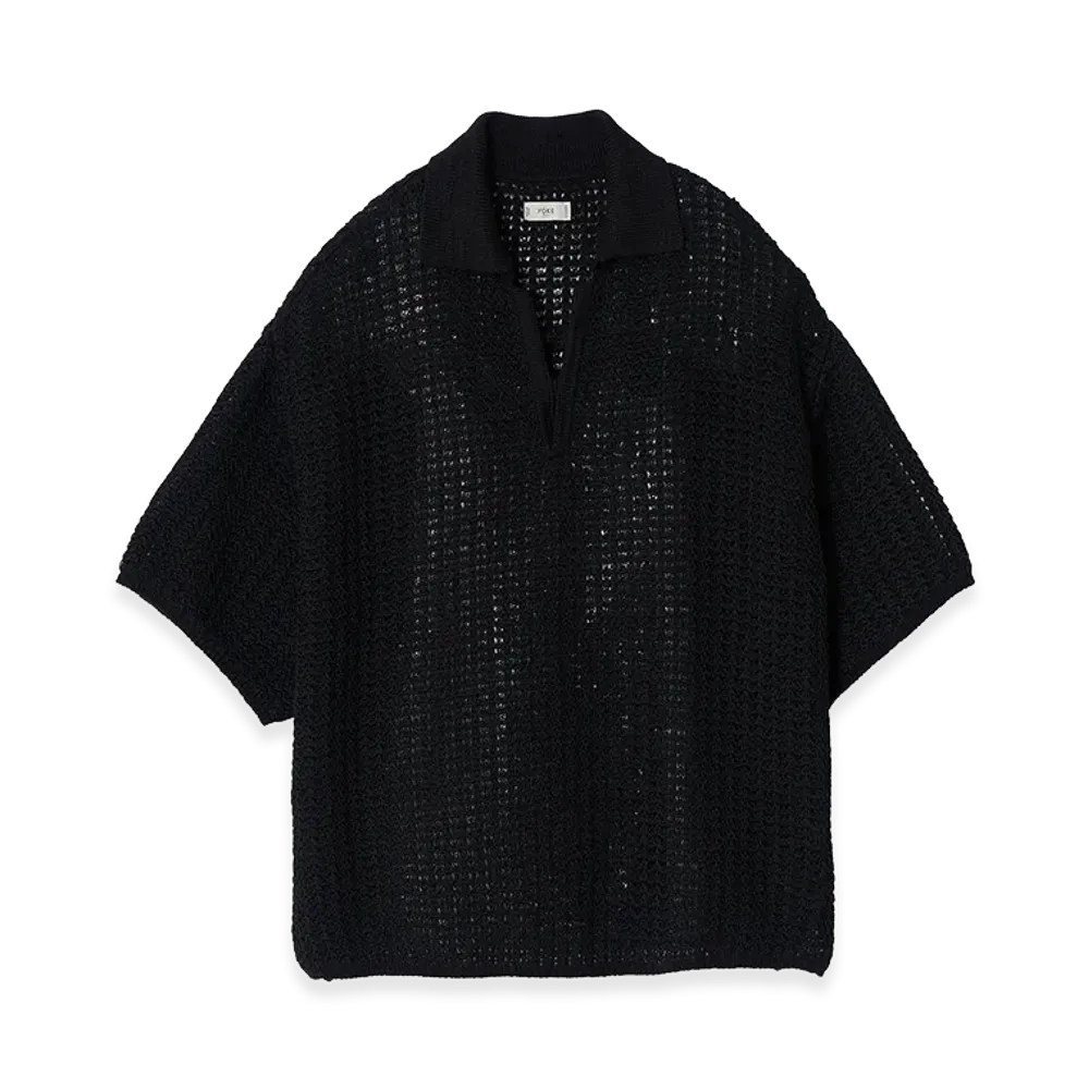 YOKE Cotton Mesh Knit Skipper Polo Shirt "Black"