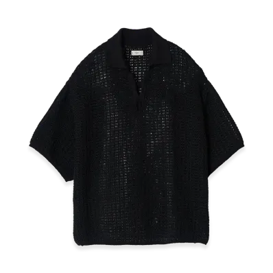 YOKE Cotton Mesh Knit Skipper Polo Shirt "Black"