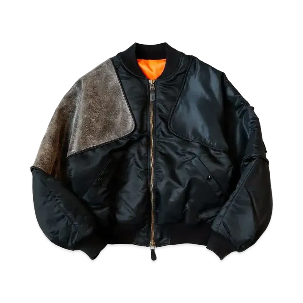 KAPITAL MA-1 Nylon Crack Leather Sham Bomber Jacket "Black"