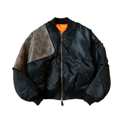 KAPITAL MA-1 Nylon Crack Leather Sham Bomber Jacket "Black"