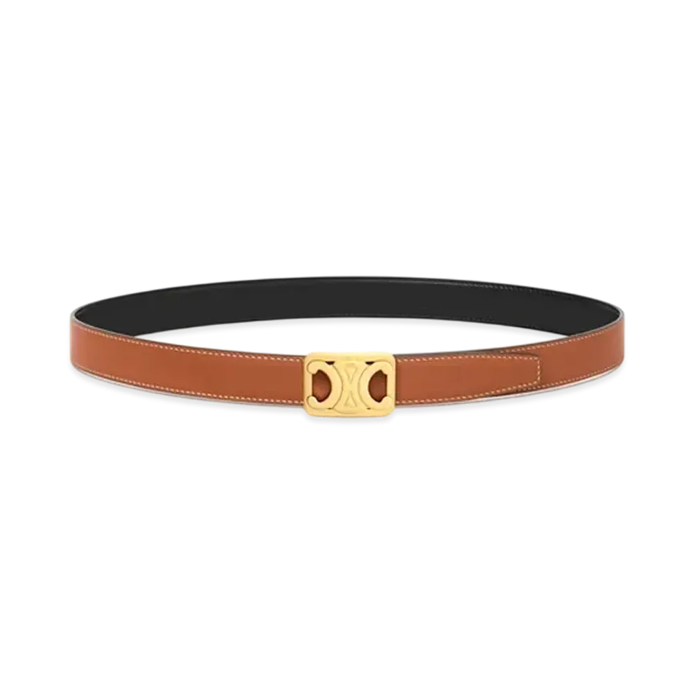 CELINE Medium Reversible Framed Triomphe Belt In Taurillon and Natural Calfskin "Tan/Black"