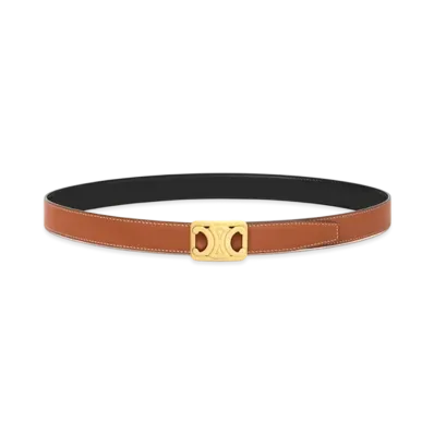 CELINE Medium Reversible Framed Triomphe Belt In Taurillon and Natural Calfskin "Tan/Black"
