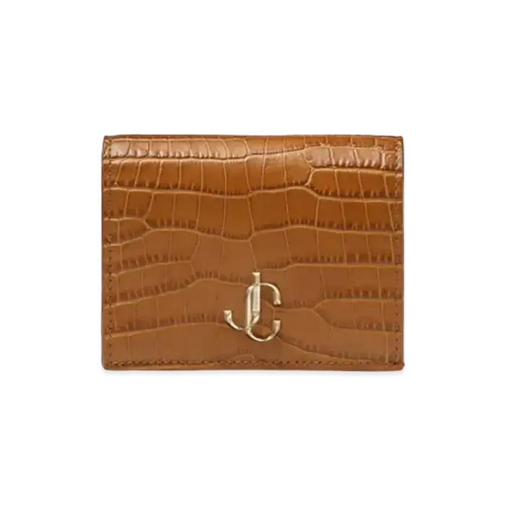 Jimmy Choo Hanne Croco Embossed Leather Wallet With JC Logo "Light Gold/Dark Tan"