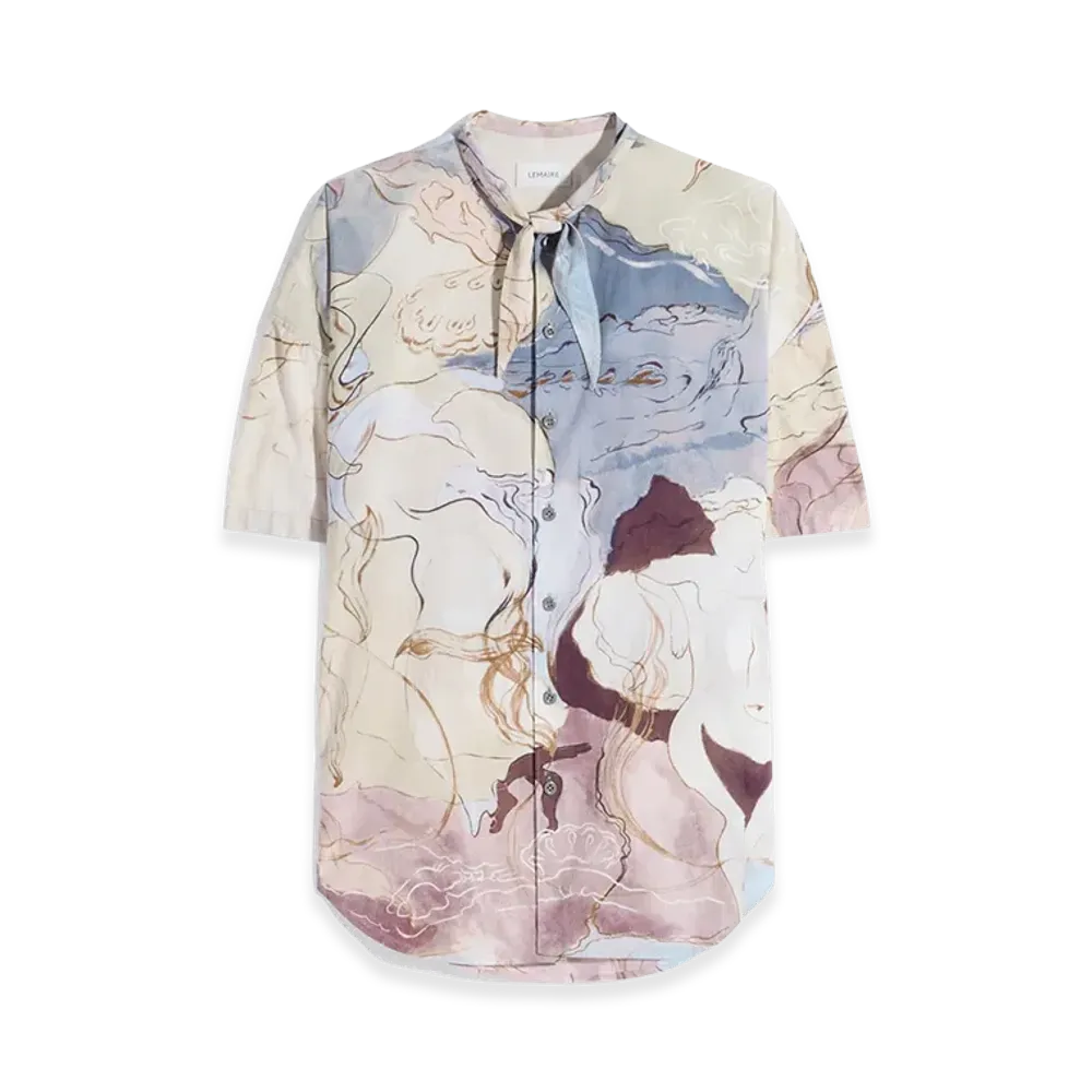 LEMAIRE Women's Aquarelle Print Cotton Short Sleeve Scarf Shirt "Multicolor"