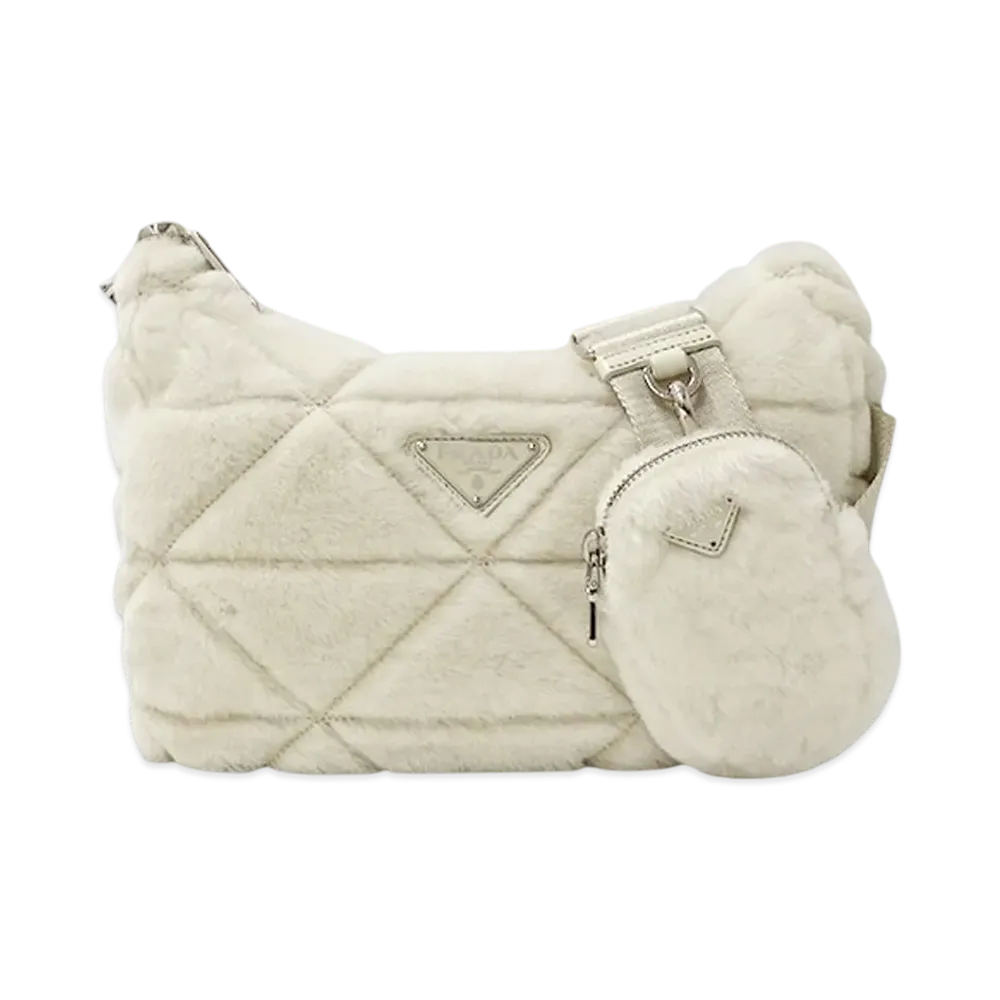 Prada Quilted Shearling Padded Shoulder Bag "White"