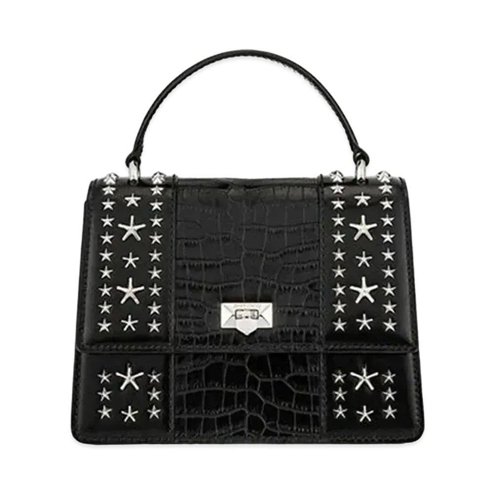 Jimmy Choo Pyxis Tophandle Spazzolato Leather And Croco Embossed Leather Top Handle Bag With Star Studs "Silver/Black"