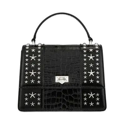 Jimmy Choo Pyxis Tophandle Spazzolato Leather And Croco Embossed Leather Top Handle Bag With Star Studs "Silver/Black"