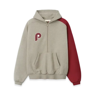 FEAR OF GOD ESSENTIALS Phillies Raglan Half Zip Sport Hoodie "Seal Heather/Cabernet"
