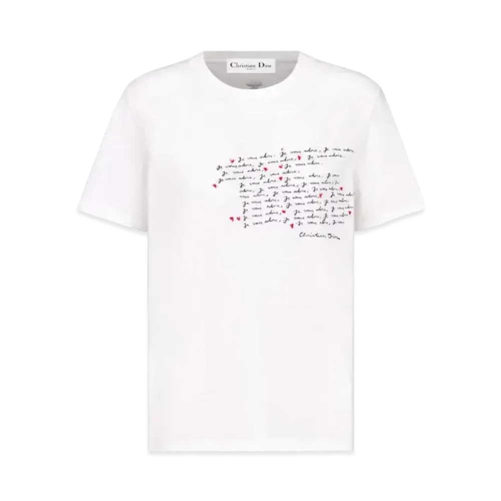 Dior Dioramour Embroidered T-Shirt Cotton and Linen Jersey with Je Vous Adore Motif "White/Black/Red"