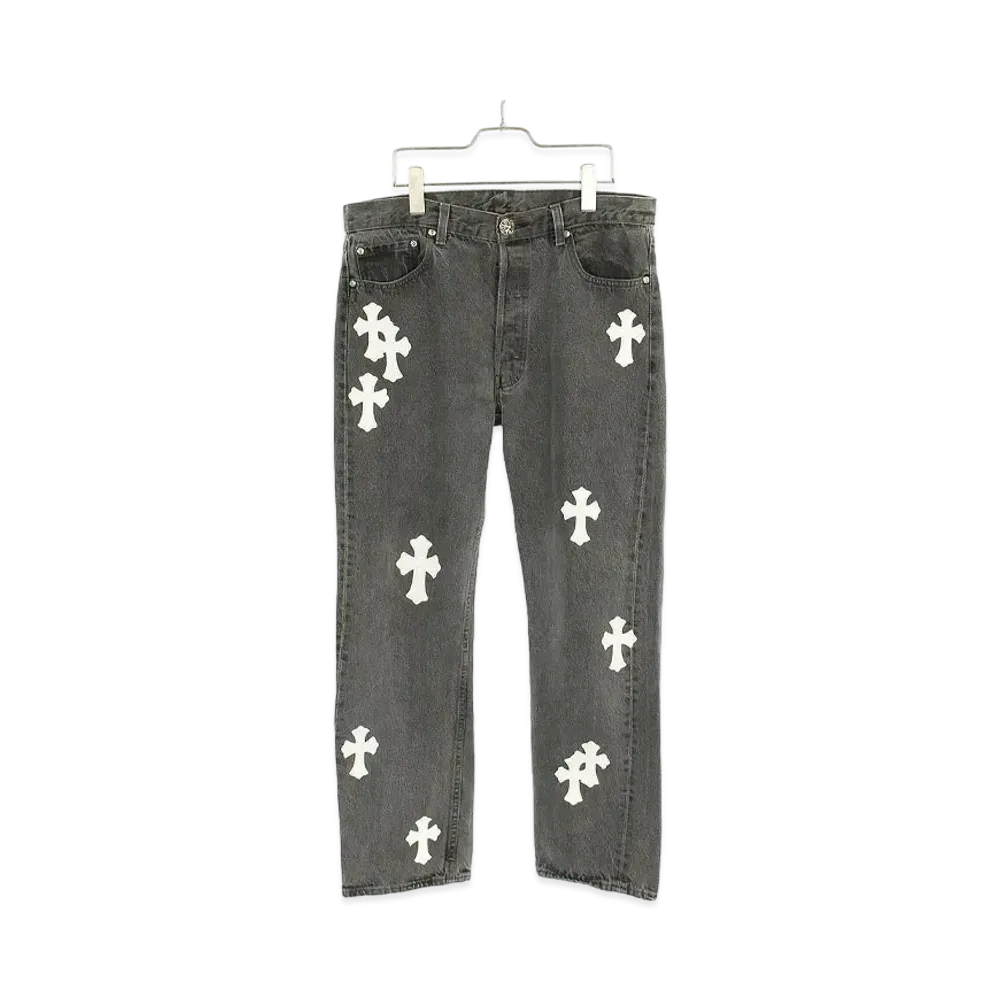 Chrome Hearts U VNTG Jean BLK/RED TAB Washed Denim Pants with Cross Patch "Gray/White"