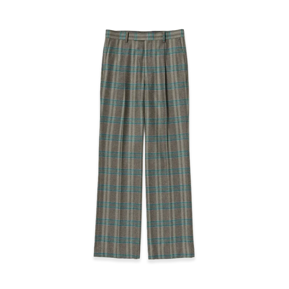 AURALEE Wool Fulling Flannel One-Tuck Slacks "Top Brown Green Check"