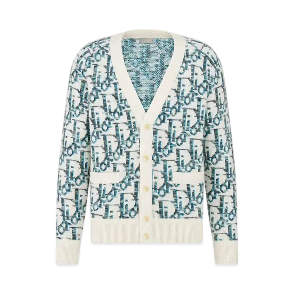 Dior Men's Oblique Cardigan Virgin Wool Jacquard "White/Blue"