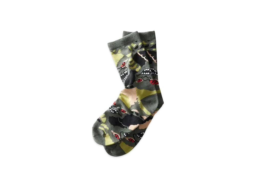 graniph x Gremlins Striped Pattern Middle Socks "Green"