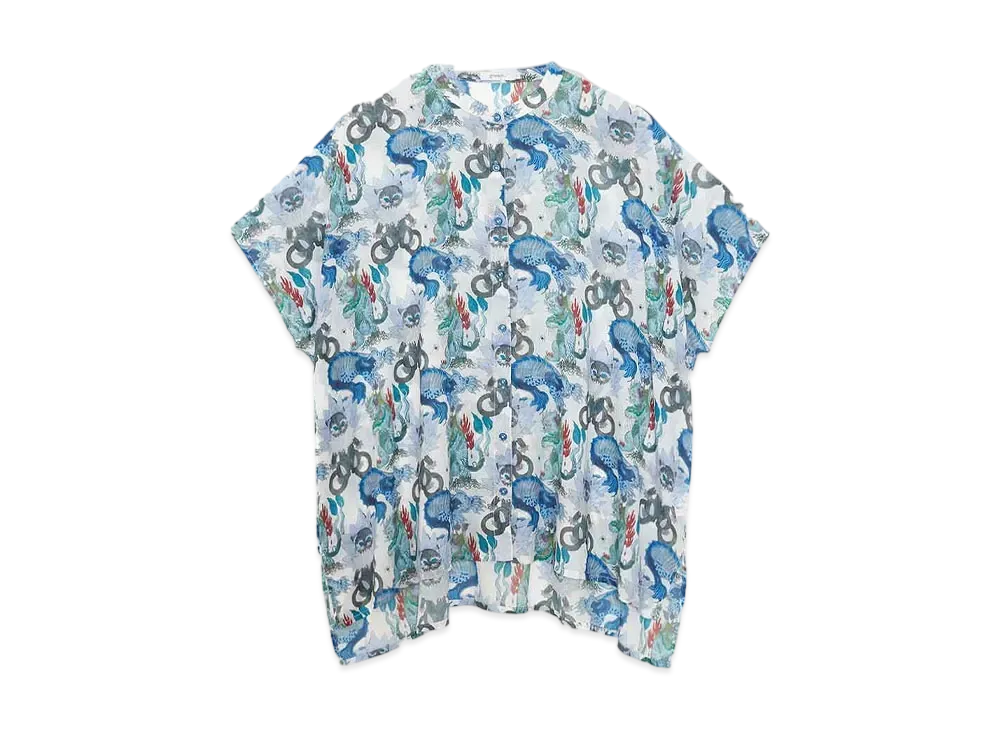 graniph x Ayako Ishiguro Nekomata Kitten Pattern Box Silhouette Sheer Shirt "White"