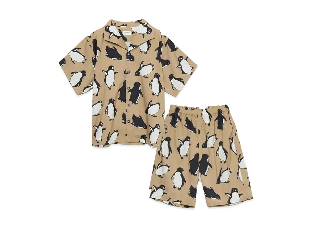 graniph x Chiharu Sakazaki Penguin Pattern Kids Shirt & Shorts Set "Beige"