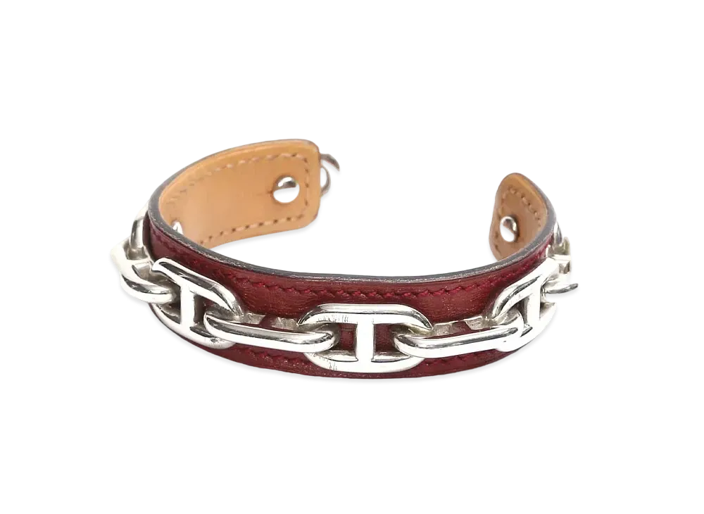 Hermes Chaine D'ancre Plating Leather Bangle "Silver/Red"