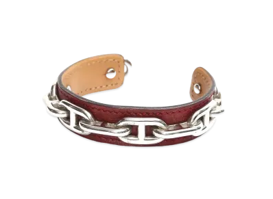 Hermes Chaine D'ancre Plating Leather Bangle "Silver/Red"