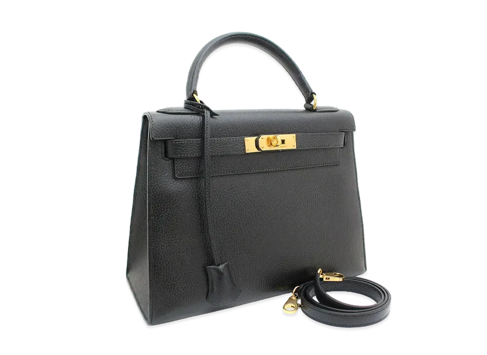Hermes Kelly Retourne  Taurillon Clemence "Noir/Gold"