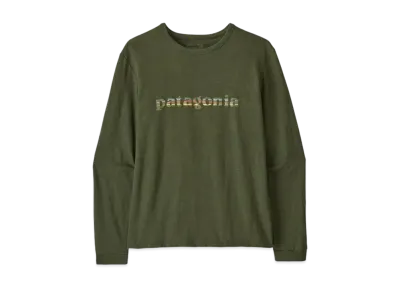 Patagonia Women's Longsleep 73 Text Logo Responsibility "Pine Green"