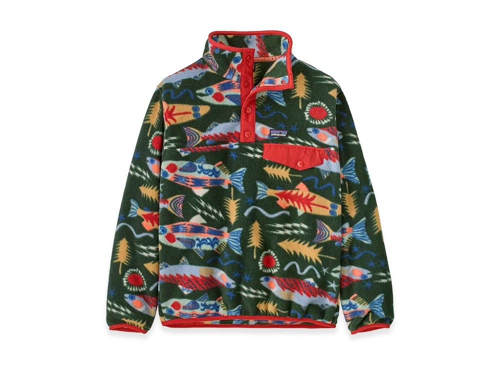 Patagonia Kids Lightweight Synchilla Snap-T Pullover "Salmon Energy/Old Growth Green"