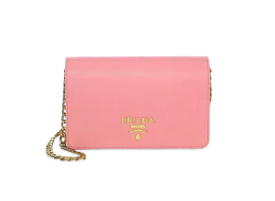 PRADA Saffiano Leather Chain Card Holder "Pink"