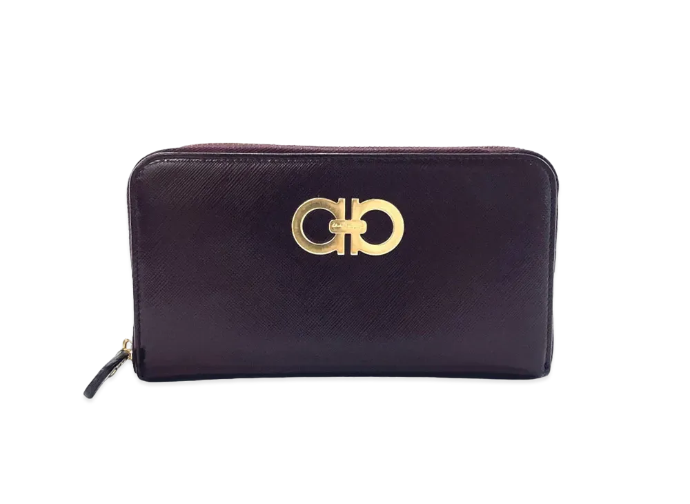 Salvatore Ferragamo Gancini Leather Zip Around Wallet "Black"