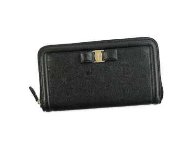 Salvatore Ferragamo Vara Leather Zip Around Wallet "Black"