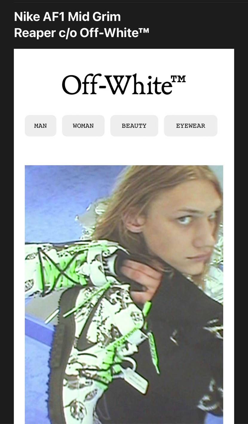 off-whiteから新しいエアフォースのメールが届いてリンクを開いたけど、何も