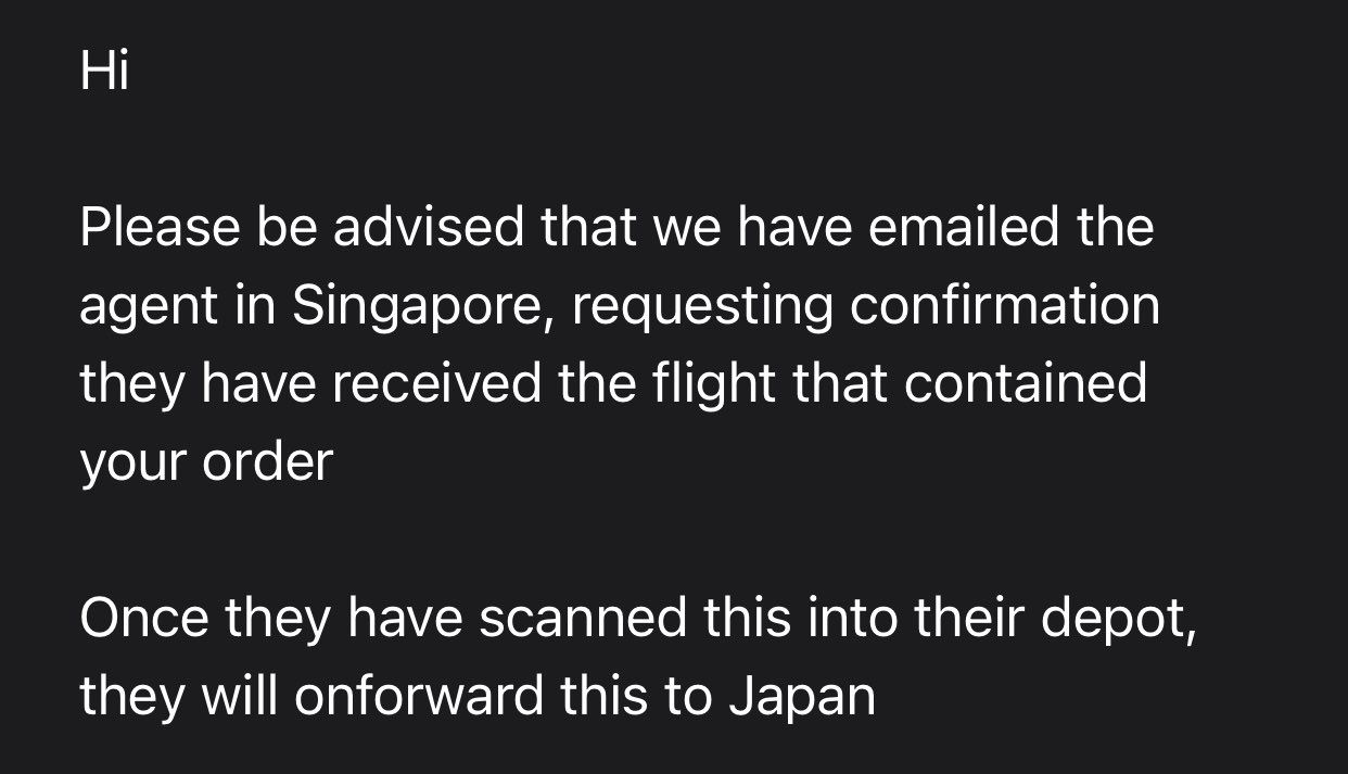 『続報』
ロンドン→シンガポール：所要日数　8日間
陸路での運送お疲れ様です