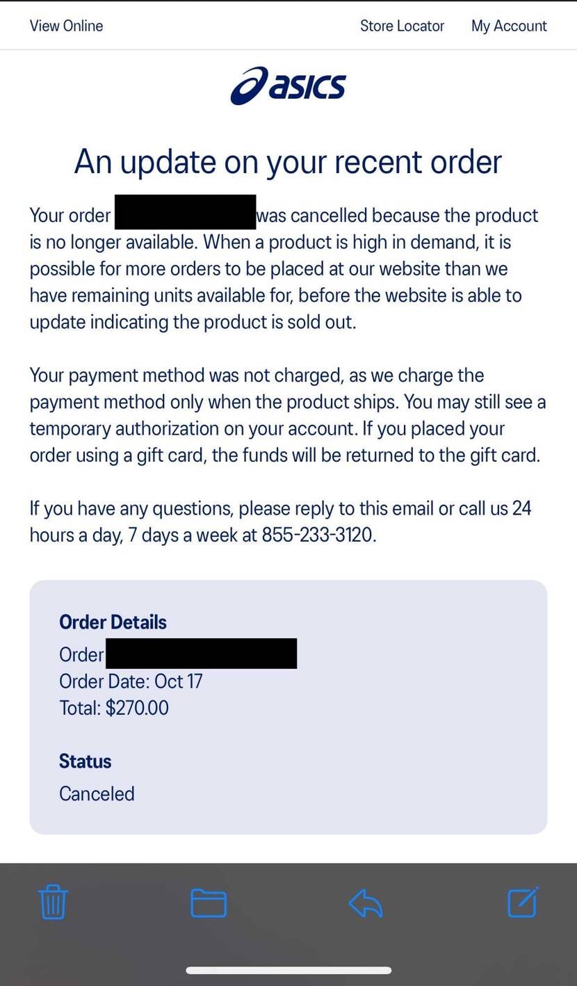 US ASICSで買えたものの在庫切れで強制キャンセル喰らいました😅他にキャンセ