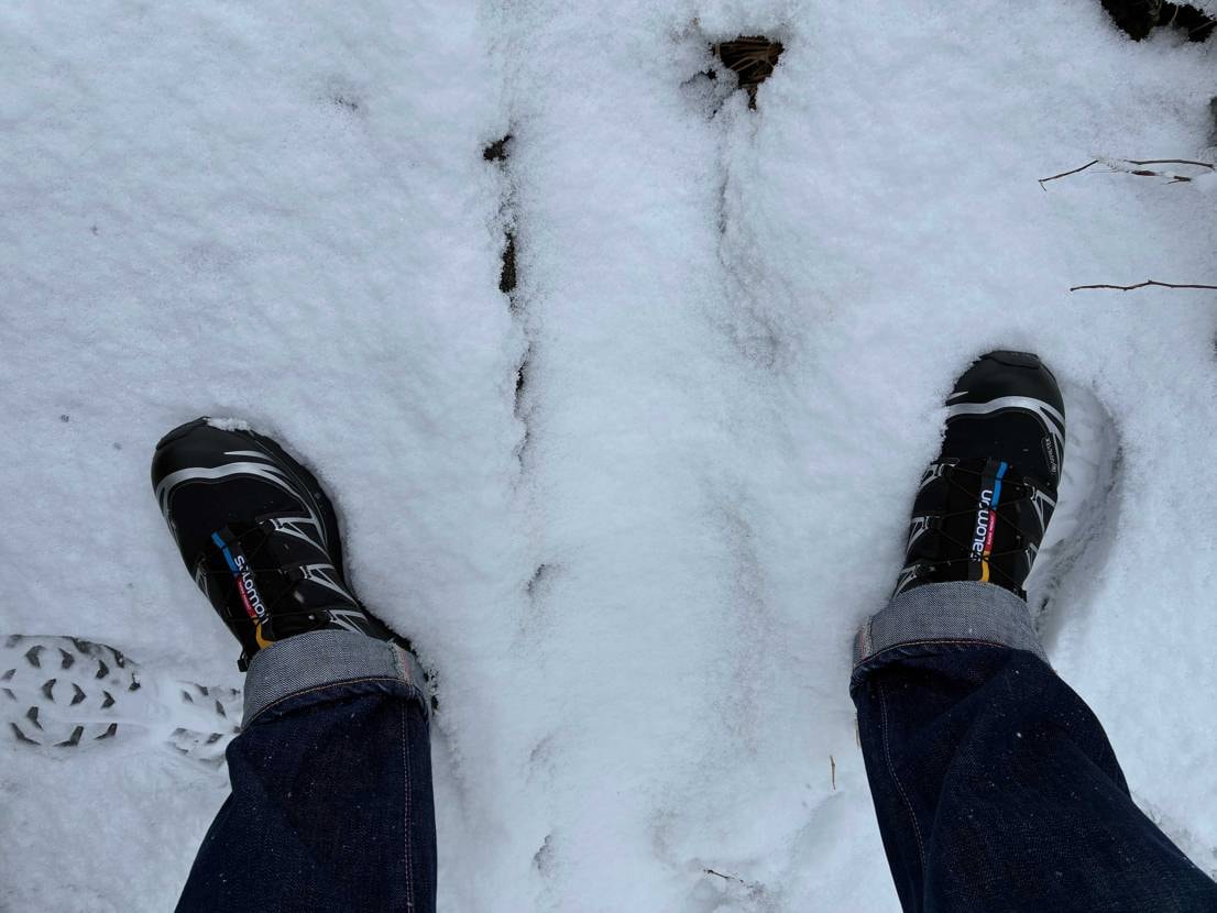 雪なのでxt-6ゴアテックスの出番。なんか久しぶりに履きました。全天候スニーカー