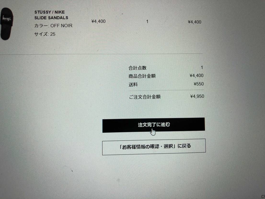 stussyで購入したいんですが注文完了に進むを押すとホームページに戻ります。こ